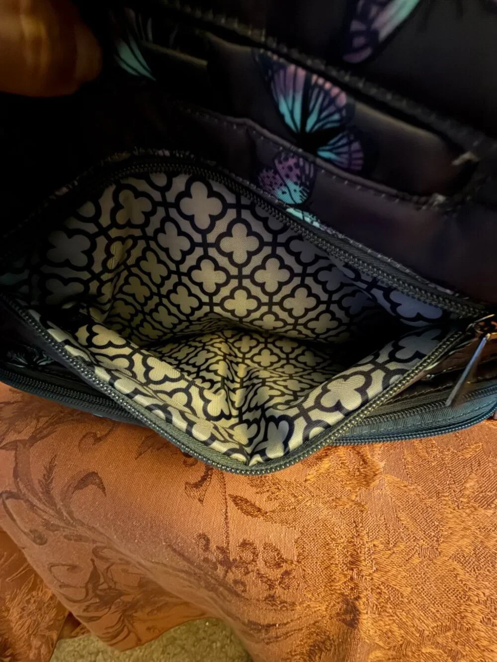 Lug Zipliner 2 Convertible Hobo Bag Gray w/Pink & Blue Butterfly Print